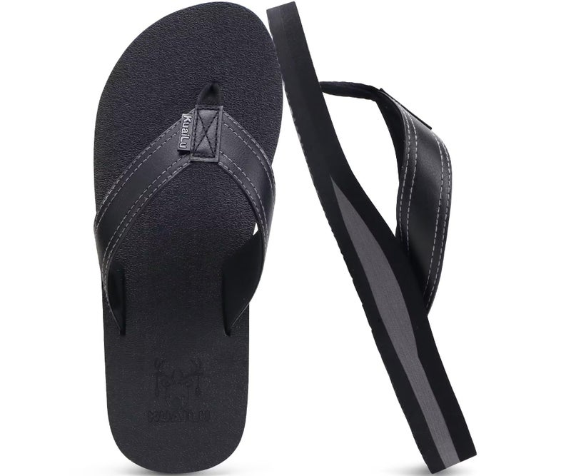 KuaiLu Men's Leather Flip Flops Arch Support Summer Beach Pool Water Thong Sandals Waterproof Rubber Walking Shoes Slip on Orthotic Casual Sport Cushioned Wide Slides Shower Slippers Black Size 10 - Image 1